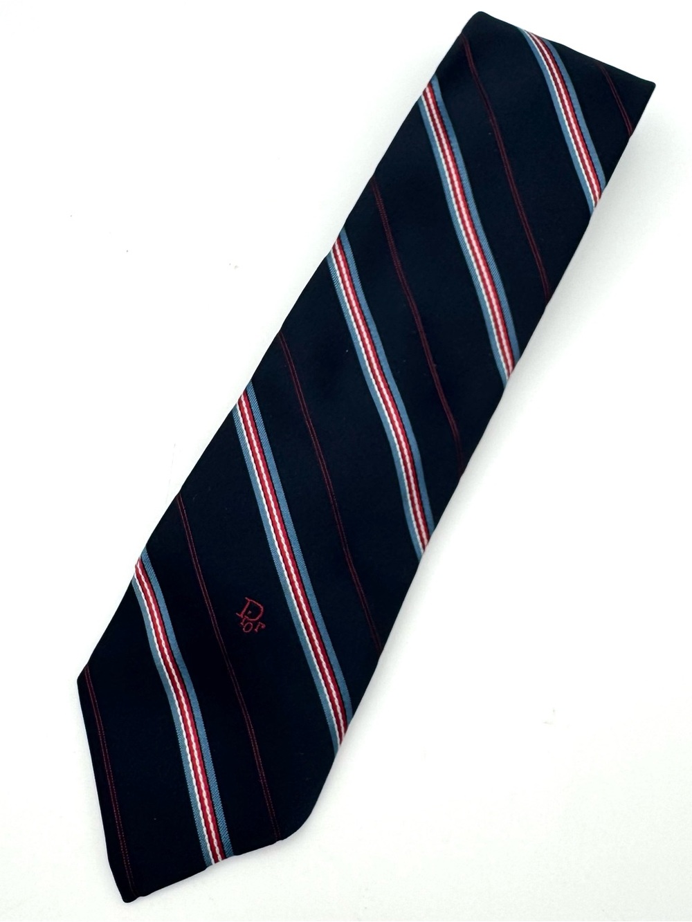 VTG Christian Dior Embroidered Logo Striped Blue Red Poly Silk Blend Necktie